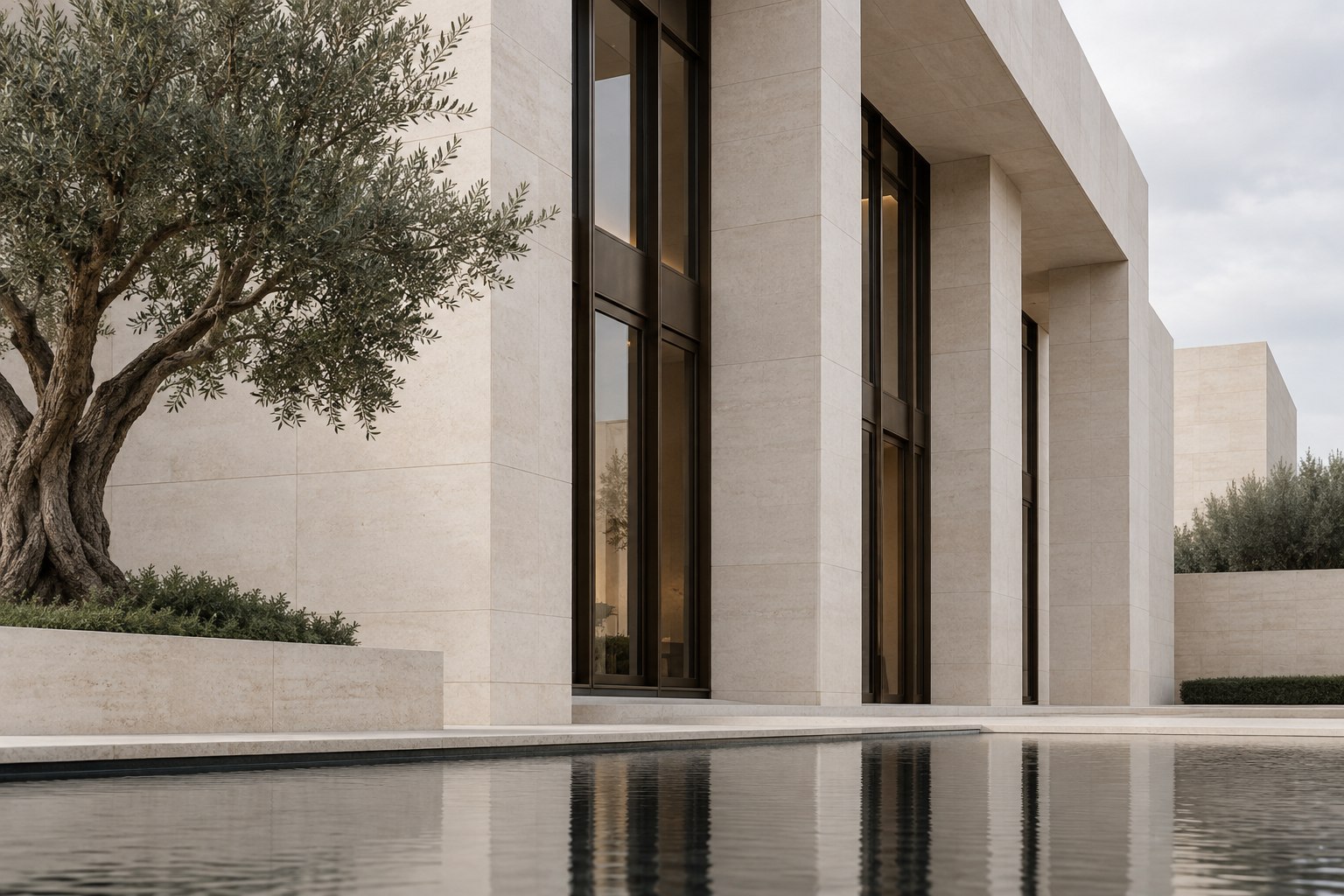 Minimal architectural concept in pale limestone, bronze and glass with a reflecting pool