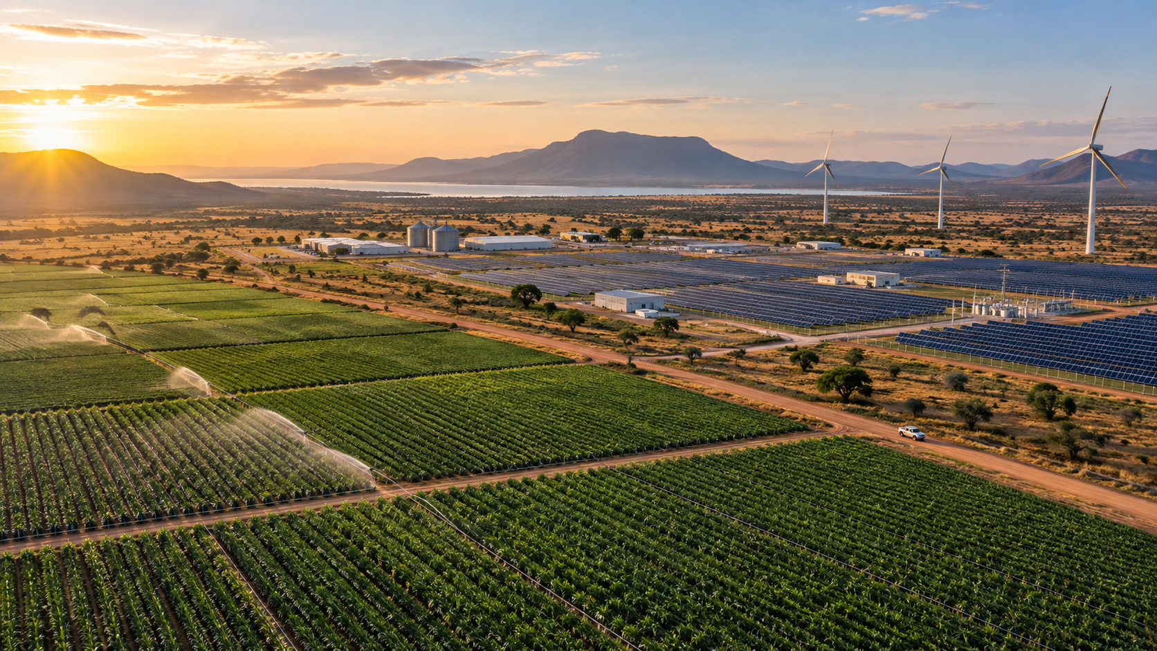 Integrated agricultural production, solar energy and wind power infrastructure in Africa