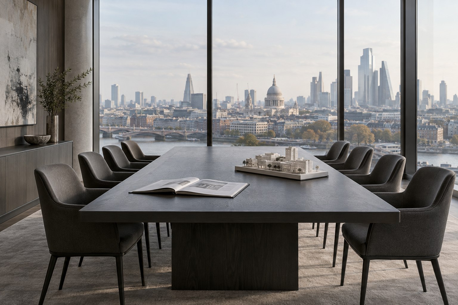 Minimal executive strategy room overlooking the London skyline